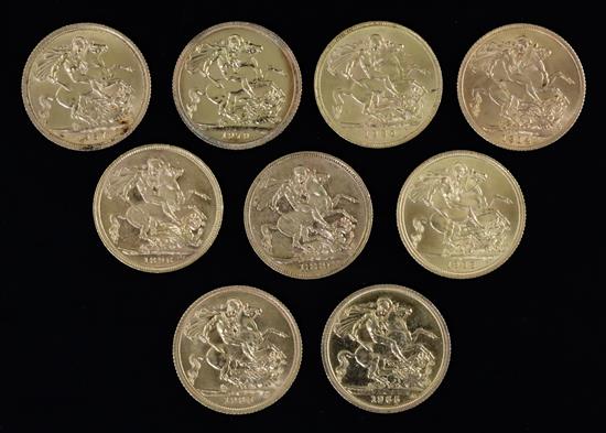 Nine gold full sovereigns, 1880, 1896, 1914, 1930, 1963, 1965(2), 1967 & 1979.